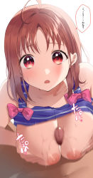 Rule 34 | 1boy, 1girl, :o, alternate breast size, antenna hair, blush, bow, grabbing another&#039;s breast, breasts, breasts squeezed together, censored, clothes lift, commentary request, grabbing, grabbing own breast, highres, kazepana, looking at viewer, love live!, love live! sunshine!!, medium breasts, medium hair, mosaic censoring, navel, nipples, open mouth, orange hair, paizuri, parted bangs, penis, pink bow, red eyes, shirt, shirt lift, sleeveless, sleeveless shirt, speech bubble, takami chika, tan, tank top, translated, white background