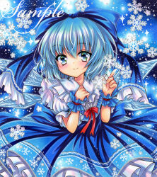 Rule 34 | 1girl, adapted costume, blue background, blue bow, blue dress, blue eyes, blue hair, bow, cirno, closed mouth, dress, frills, hair bow, ice, ice wings, index finger raised, looking at viewer, marker (medium), medium hair, neck ribbon, puffy short sleeves, puffy sleeves, red ribbon, ribbon, rui (sugar3), sample watermark, short sleeves, smile, snowflakes, solo, touhou, traditional media, upper body, watermark, wings, wrist cuffs