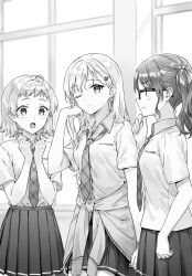 3girls :o ;) adjusting_hair ayase_saki cardigan cardigan_around_waist closed_mouth clothes_around_waist collared_shirt commentary_request earrings gimai_seikatsu glasses greyscale hair_ornament hairclip hand_on_own_chest highres hiten_(hitenkei) jewelry long_hair medium_hair monochrome multiple_girls necktie novel_illustration official_art one_eye_closed open_mouth plaid_clothes plaid_necktie pleated_skirt school_uniform second-party_source shirt shirt_tucked_in short_sleeves skirt smile w_arms