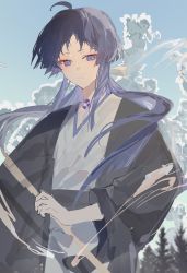 Rule 34 | 1boy, absurdres, alternate costume, alternate hair length, alternate hairstyle, closed mouth, cloud, day, genshin impact, hair ribbon, highres, japanese clothes, kimono, long hair, male focus, mitsudomoe (shape), outdoors, persimmon (lsxh3), purple eyes, purple hair, ribbon, scaramouche (genshin impact), sketch, sky, solo, tomoe (symbol), tree, white ribbon, wide sleeves