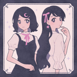 Rule 34 | 2girls, black border, black dress, black eyes, black hair, blush stickers, border, closed mouth, commentary, crescent, crescent hair ornament, dress, earrings, expressionless, flat color, frilled dress, frills, hair ornament, hair ribbon, halftone, highres, jewelry, long hair, looking at viewer, multiple girls, nahara saki, neck ribbon, original, pinafore dress, pink ribbon, puffy short sleeves, puffy sleeves, ribbon, short hair, short sleeves, simple background, sleeveless, sleeveless dress, sleeves past elbows, smile, sparkle, star (symbol), star earrings, symbol-only commentary, upper body, white background, white dress