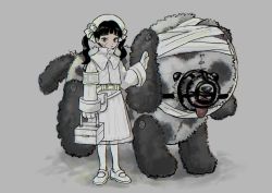 Rule 34 | 1girl, animal, belt, black hair, blunt bangs, dress, grey background, hand up, highres, holding, long hair, long sleeves, mittens, muted color, original, oversized animal, shoes, simple background, solo, standing, toyux2, twintails, white dress, white footwear, white mittens, wide shot