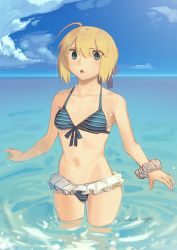 Rule 34 | 1girl, ahoge, alternate costume, artoria pendragon (all), artoria pendragon (fate), bikini, blonde hair, blue ribbon, blue sky, boa (brianoa), braid, braided bun, cloud, commentary, day, english commentary, fate/stay night, fate (series), flat chest, frilled bikini, frills, green bikini, green eyes, hair bun, hair ribbon, highres, horizon, ocean, open mouth, outdoors, ribbon, saber (fate), scrunchie, sky, soaking feet, solo, standing, striped bikini, striped clothes, swimsuit, triangle mouth, wading, water