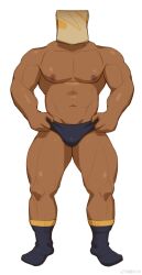 Rule 34 | 1boy, abs, absurdres, bag, bag over head, bara, black socks, briefs, bulge, dark-skinned male, dark skin, facing viewer, full body, highres, large pectorals, male focus, male underwear, male underwear lift, muscular, muscular male, navel, nipples, original, pectorals, shopping bag, socks, solo, stomach, straight-on, strongman waist, thick thighs, thighs, topless male, underwear, weisun (leoooliooon)