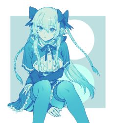 Rule 34 | 1girl, assault lily, between legs, blue theme, border, bow, braid, breasts, buttons, capelet, center frills, circle, circlet, closed mouth, commentary, detached sleeves, feet out of frame, frilled shirt, frilled skirt, frills, garter straps, grey background, hair between eyes, hair bow, hand between legs, highres, hood, hood down, hooded capelet, invisible chair, jewelry, large breasts, long hair, long sleeves, looking at viewer, miniskirt, monochrome, mori tatsuki, neck ribbon, outside border, pantyhose, ribbon, ring, school uniform, shirt, side braids, sidelocks, sitting, skirt, sleeves past wrists, solo, tori udon, twin braids, very long hair, white border, yurigaoka girls academy school uniform