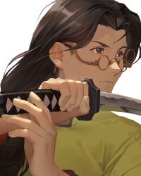 Rule 34 | 1boy, asagi (banzoku210), black eyes, black hair, citan uzuki, close-up, fighting stance, glasses, green robe, highres, holding, holding sword, holding weapon, katana, long hair, male focus, robe, serious, simple background, solo, sword, sword guard stance, weapon, white background, xenogears