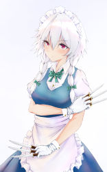 Rule 34 | 1girl, absurdres, akira ryuu, apron, between fingers, blue dress, blush, bow, bowtie, braid, breasts, commentary request, dress, frilled apron, frills, gloves, gradient background, green bow, green bowtie, grey background, hair between eyes, hair bow, highres, holding, holding knife, holding weapon, izayoi sakuya, knife, knives between fingers, maid, maid apron, maid headdress, medium breasts, partial commentary, puffy short sleeves, puffy sleeves, red eyes, shirt, short hair, short sleeves, silver hair, solo, touhou, twin braids, waist apron, weapon, white apron, white background, white gloves, white shirt, wing collar, wrist cuffs