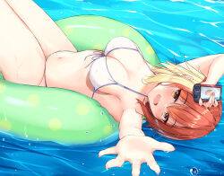 Rule 34 | 1girl, :d, armpits, bikini, breasts, brown eyes, brown hair, camera, cleavage, dongyue sakura, foreshortening, front-tie bikini top, front-tie top, grand blue, hair between eyes, highres, holding, holding camera, kotegawa chisa, large breasts, looking at viewer, navel, ocean, on innertube, open mouth, outdoors, outstretched arm, reaching, reaching towards viewer, short hair, smile, solo, swimsuit, thighs, wakamezake, wet, white bikini