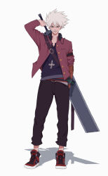 Rule 34 | 1boy, belt, cross, cross necklace, full body, grey background, grin, headphones, headphones around neck, highres, jacket, jewelry, jey rain, looking at viewer, male focus, necklace, pants, red eyes, shoes, simple background, smile, sneakers, solo, sword, weapon