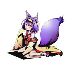 Rule 34 | 10s, 1girl, alpha transparency, animal ear fluff, animal ears, bow, bowtie, collarbone, divine gate, fox ears, fox tail, full body, hairband, hatsuse izuna, japanese clothes, looking at viewer, no game no life, official art, purple hair, red bow, red eyes, short hair, sitting, solo, tail, transparent background, ucmm, yellow hairband