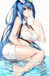 Rule 34 | 1girl, absurdres, azur lane, bandeau, bare legs, bare shoulders, barefoot, bikini, blue eyes, blue hair, character request, chinese commentary, commentary, detached collar, food, hair between eyes, hand up, highres, long hair, looking at viewer, new jersey (azur lane), popsicle, shorts, simple background, solo, soranoki, stomach, strapless, strapless bikini, swimsuit, thighs, very long hair, water, white background, white bikini, white shorts