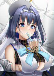 Rule 34 | 1girl, absurdres, bare shoulders, blue eyes, blue hair, blue ribbon, blush, breasts, bubble tea, bubble tea challenge, chain, cleavage cutout, clothing cutout, cup, detached sleeves, disposable cup, drinking, drinking straw, drinking straw in mouth, hair intakes, halo, headband, heart-shaped gem, highres, hololive, hololive english, large breasts, mechanical halo, object on breast, ouro kronii, ribbon, ryuuneart, shirt, short hair, sleeveless, sleeveless shirt, solo, underboob, veil, virtual youtuber, zipper
