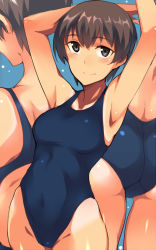 Rule 34 | 1girl, armpits, arms up, ass, blue background, blush, brown eyes, brown hair, closed mouth, competition swimsuit, covered navel, cowboy shot, em (totsuzen no hakike), from behind, hip focus, looking at viewer, multiple views, nape, one-piece swimsuit, original, short hair, simple background, smile, swimsuit, tan, tanline, thighs, upper body