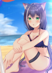 Rule 34 | 1girl, :o, absurdres, animal ear fluff, animal ears, backlighting, beach, bikini, black bikini, black hair, blue sky, blush, breasts, breasts squeezed together, cat ears, cat girl, cleavage, cloud, collarbone, commentary, fang, frilled bikini, frills, frown, green eyes, hair between eyes, highres, hugging own legs, karyl (princess connect!), karyl (summer) (princess connect!), knees up, large breasts, leg hold, legs, lens flare, light particles, long hair, looking at viewer, low twintails, ocean, princess connect!, sidelocks, sky, swimsuit, thigh strap, thighs, twintails, umineco 1, v-shaped eyebrows, very long hair