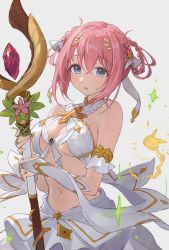 Rule 34 | 1girl, bare shoulders, blue eyes, blush, braid, braided hair rings, breasts, bridal gauntlets, criss-cross halter, detached sleeves, hair between eyes, hair rings, halterneck, highres, large breasts, looking at viewer, open mouth, pink hair, princess connect!, short hair, staff, takeashiro, thighs, twin braids, yui (ceremonial) (princess connect!), yui (princess connect!)
