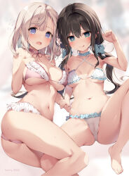 Rule 34 | 2girls, @ @, ass, bare legs, barefoot, bikini, black hair, blonde hair, blue eyes, blush, breasts, cameltoe, cleavage, closed mouth, embarrassed, frilled bikini, frills, hair between eyes, hair ribbon, heart, heart-shaped pupils, highres, karory, large breasts, licking lips, long hair, low twintails, medium breasts, multiple girls, navel, open mouth, original, pink bikini, ribbon, short hair, sweat, sweatdrop, swimsuit, symbol-shaped pupils, tongue, tongue out, twintails, white bikini