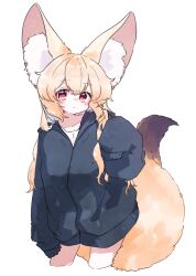 Rule 34 | 1girl, animal ears, black jacket, blonde hair, blush, commentary request, cowboy shot, dot mouth, fox ears, fox girl, fox tail, hand up, highres, hood, hood down, hooded jacket, jacket, large ears, long hair, megateru, original, red eyes, simple background, sleeves past fingers, sleeves past wrists, tail, white background