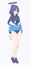 Rule 34 | 1girl, absurdres, blue archive, blue buruma, blue jacket, blue shirt, bottle, buruma, closed mouth, commentary request, drink, flatfield, full body, gym uniform, halo, highres, holding, holding drink, id card, jacket, jacket partially removed, lanyard, official alternate costume, parted bangs, partially unzipped, purple eyes, purple footwear, purple hair, shirt, shoes, sidelocks, solo, standing, star sticker, sticker on face, track jacket, two side up, water bottle, yuuka (blue archive), yuuka (track) (blue archive)
