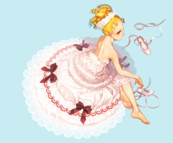 Rule 34 | 1girl, back, bad id, bad pixiv id, ballet slippers, bare shoulders, barefoot, blonde hair, blue background, blush, dress, dussk, feet, frills, from above, looking at viewer, looking back, no shoes, original, ribbon, shoes, unworn shoes, simple background, sitting, soles, solo, toes, too many, yna, yna (dussk), yokozuwari