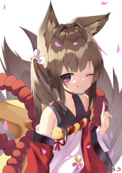Rule 34 | 1girl, ;), ;q, amagi-chan (azur lane), animal ears, azur lane, blunt bangs, brown hair, collarbone, commentary request, fox ears, fox girl, fox tail, from above, hair ribbon, highres, index finger raised, japanese clothes, kimono, kitsune, kyuubi, long hair, looking at viewer, looking up, manjuu (azur lane), multiple tails, off shoulder, one eye closed, petals, purple eyes, ribbon, rope, sakutaishi, shimenawa, sidelocks, signature, simple background, smile, solo, tail, thick eyebrows, tongue, tongue out, twintails, wide sleeves