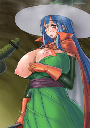Rule 34 | 1girl, blue hair, breasts, breasts out, cape, censored, chunsoft, detached sleeves, dragon quest, dragon quest iii, dress, enix, glasses, gloves, hat, huge breasts, long hair, mesiuma joutai, nipples, open mouth, penis, priest (dq3), puffy nipples, red eyes, standing