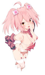 Rule 34 | 1girl, ahoge, armor, armored gloves, ass, bikini armor, blush, breasts, brown eyes, commentary request, crotch plate, detached collar, elbow gloves, from above, full body, garter belt, garter straps, gloves, hair ornament, highres, kz oji, looking at viewer, open mouth, original, pink hair, short hair, simple background, small breasts, smile, solo, thighhighs, twintails, white background, white thighhighs