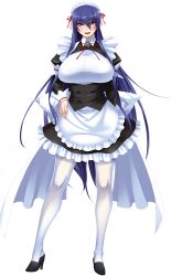 Rule 34 | 1girl, absurdres, action taimanin, akiyama rinko, aoi nagisa (metalder), apron, blue hair, breasts, curvy, full body, game cg, hand on own hip, highres, large breasts, lilith-soft, long hair, looking at viewer, maid, maid apron, maid headdress, official art, purple eyes, shiny clothes, shiny skin, simple background, smile, solo, standing, taimanin (series), taimanin yukikaze, taimanin yukikaze 2, underboob, very long hair