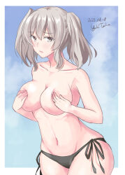 Rule 34 | 1girl, artist name, bikini, black bikini bottom, blue sky, blush, border, breasts, brown eyes, cleavage, collarbone, commentary request, covering privates, covering breasts, cowboy shot, dated, grey hair, highres, kantai collection, kashima (kancolle), large breasts, looking at viewer, medium hair, navel, outdoors, side-tie bikini bottom, sky, solo, swimsuit, taira yuuki, topless, two side up, white border