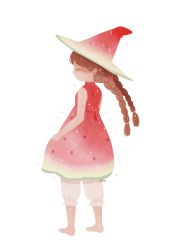 Rule 34 | 1girl, ayu (mog), bare arms, bare shoulders, barefoot, braid, brown hair, commentary, dress, closed eyes, food print, hat, original, profile, red dress, solo, sparkle, standing, symbol-only commentary, twin braids, watermelon print