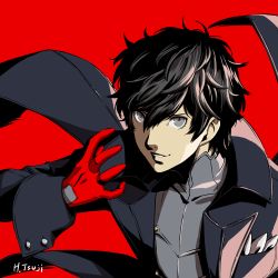 Rule 34 | 1boy, amamiya ren, artist name, black coat, blonde hair, brown eyes, coat, gloves, grin, hayatetsujimoto, highres, long sleeves, male focus, persona, persona 5, red background, red neckwear, short hair, simple background, smile, solo, v-shaped eyebrows, yellow gloves