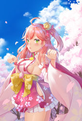 Rule 34 | 1girl, absurdres, ahoge, bell, blue sky, breasts, cherry blossom print, cherry blossoms, chestnut mouth, day, detached sleeves, floral print, green eyes, hair bell, hair ornament, highres, hololive, kaaaiyaya, long hair, looking at viewer, one side up, open mouth, outdoors, paw pose, petals, pink hair, sakura miko, sakura miko (1st costume), sideboob, sky, solo, tree, virtual youtuber