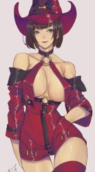 Rule 34 | 1girl, 55yas e, bare shoulders, black hair, blunt bangs, bob cut, breasts, choker, cleavage, closed mouth, collarbone, cosplay, cowboy shot, guilty gear, guilty gear xrd, hat, i-no, i-no (cosplay), large breasts, lipstick, looking at viewer, makeup, mole, mole above mouth, red hat, short hair, simple background, smile, solo, standing, thighhighs, white background, witch hat
