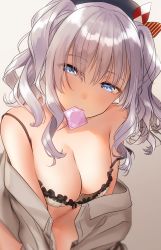 Rule 34 | 1girl, bare shoulders, beret, black hat, blue eyes, bra, breasts, condom, condom in mouth, condom wrapper, grey background, grey jacket, half-closed eyes, haruno suzune, hat, jacket, kantai collection, kashima (kancolle), large breasts, long sleeves, looking at viewer, mouth hold, open clothes, open jacket, sidelocks, silver hair, solo, strap slip, twintails, underwear, upper body, wavy hair, white bra