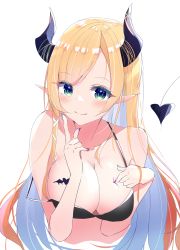 Rule 34 | 1girl, absurdres, black horns, blonde hair, blue hair, blush, breasts, cleavage, closed mouth, colored inner hair, demon girl, demon tail, green eyes, highres, hololive, horns, large breasts, liyaku, long hair, looking at viewer, multicolored hair, multicolored nails, nail polish, pointy ears, simple background, solo, tail, upper body, virtual youtuber, white background, yuzuki choco