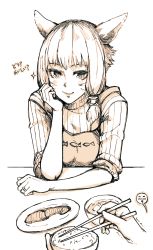 Rule 34 | 1girl, ^ ^, absurdres, animal ears, apron, cat ears, closed eyes, eating, closed eyes, facial mark, final fantasy, final fantasy xiv, food, hair tubes, highres, hjz (artemi), looking at viewer, miqo&#039;te, monochrome, pov, rice, short hair, sleeves rolled up, solo focus, sparkle, whisker markings, y&#039;shtola rhul