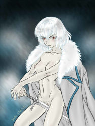 Rule 34 | 1girl, artist name, blade of fury, blush, breasts, castlevania (series), castlevania: dawn of sorrow, coat, dated, female pubic hair, fur collar, gender request, genderswap, hand on hilt, naked coat, narrow waist, navel, nipples, pale skin, pubic hair, pussy, red eyes, short hair, small breasts, soma cruz, sword, uncensored, weapon, white hair