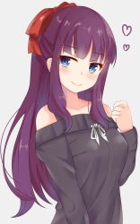 Rule 34 | 10s, 1girl, bare shoulders, blue eyes, blush, bow, breasts, collarbone, grey background, hair bow, heart, highres, long hair, long sleeves, looking at viewer, medium breasts, nahaki, new game!, off-shoulder, off-shoulder sweater, purple hair, sidelocks, simple background, sin-poi, smile, solo, sweater, takimoto hifumi, upper body