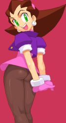Rule 34 | 1girl, arms behind back, ass, brown hair, capcom, derivative work, earrings, from behind, full body, gloves, green eyes, hair slicked back, hairband, high heels, jacket, jewelry, looking back, lowres, mega man (series), mega man legends (series), oekaki, open mouth, own hands together, panties, pantyhose, pink hairband, short hair, short sleeves, simple background, smile, solo, thong, transparent background, tron bonne (mega man), twisted neck, underwear, v arms, white background