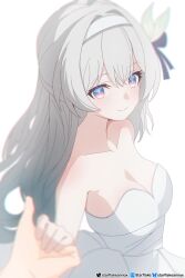 Rule 34 | 1girl, 1other, absurdres, bare shoulders, black ribbon, blue eyes, blue pupils, bow, breasts, cleavage, closed mouth, collarbone, cowboy shot, dress, firefly (honkai: star rail), from side, hair between eyes, hair bow, hair intakes, hair ribbon, hairband, highres, holding hands, honkai: star rail, honkai (series), large breasts, long hair, looking at viewer, pink eyes, pixiv username, pov, pov hands, ribbon, sidelocks, simple background, smile, solo focus, starflake (starclusteriu), strapless, strapless dress, twitter username, two-tone eyes, white background, white bow, white dress, white hairband