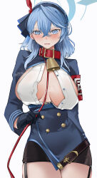 Rule 34 | 1girl, absurdres, ako (blue archive), bell, belt, black belt, black gloves, black hairband, blue archive, blue eyes, blue hair, blue halo, blush, breasts, buttons, collar, cowboy shot, gloves, hair between eyes, hairband, halo, highres, large breasts, long hair, long sleeves, looking at viewer, neck bell, open mouth, red collar, san (harutuki 3), simple background, solo, white background