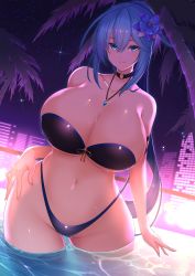 Rule 34 | 1girl, absurdres, arms at sides, bikini, black bikini, blue eyes, blue hair, breasts, cleavage, commentary request, commission, flower, hair flower, hair ornament, highres, huge breasts, long hair, navel, night, original, ortina lillibel (yashiro sousaku), paisu-chan (yashiro sousaku), palm tree, pool, second-party source, see-through, sidelocks, skyline, smile, solo, star (sky), swimsuit, thick thighs, thighs, toriatto gununu, tree, wading, wide hips