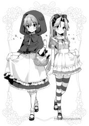 Rule 34 | 2girls, alice (alice in wonderland), alice (alice in wonderland) (cosplay), alice in wonderland, alternate costume, apron, basket, blush, cosplay, dress, full body, gloves, greyscale, hair between eyes, hair intakes, half updo, hood, jintsuu (kancolle), kantai collection, koruri, little red riding hood, little red riding hood (grimm), little red riding hood (grimm) (cosplay), long hair, monochrome, multiple girls, pantyhose, puffy short sleeves, puffy sleeves, sendai (kancolle), shoes, short hair, short sleeves, smile, striped clothes, striped legwear, striped thighhighs, thighhighs