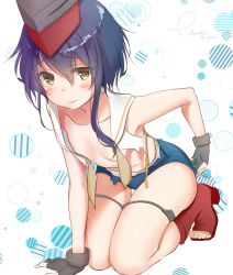 Rule 34 | 1girl, asymmetrical hair, black gloves, black hair, blush, breasts, chou2, closed mouth, collarbone, fingerless gloves, gloves, hair between eyes, highres, i-13 (kancolle), kantai collection, looking at viewer, one-hour drawing challenge, school swimsuit, shoes, short hair with long locks, small breasts, solo, swimsuit, torn clothes, torn swimsuit, yellow eyes