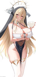 Rule 34 | 1girl, absurdres, arm under breasts, azur lane, blonde hair, breast cutout, breasts, cleavage, covered erect nipples, cowboy shot, cum, cum in container, cum in cup, cup, fake horns, framed breasts, gold trim, hair between eyes, halo, highres, holding, holding cup, horns, huanyi huanhuanzi, huge breasts, implacable (azur lane), long hair, looking at viewer, mechanical halo, nun, open mouth, red eyes, revealing clothes, see-through, simple background, skindentation, solo, standing, thighhighs, very long hair, white background, white horns, white thighhighs