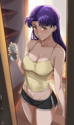 Rule 34 | 1girl, alcohol, bare legs, beer, beer can, black shorts, blush, breasts, can, cleavage, commentary request, curvy, door, drink can, earrings, female focus, highres, holding, holding can, indoors, jewelry, katsuragi misato, large breasts, long hair, looking at viewer, medium breasts, midriff, navel, neon genesis evangelion, orange eyes, purple eyes, purple hair, ryudraw, shiny skin, short shorts, shorts, solo, standing, tank top, thick thighs, thighs, yellow tank top