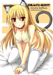 Rule 34 | 1girl, :o, absurdres, animal ears, bed sheet, bell, blonde hair, bra, breasts, cat ears, cat tail, character name, cleavage, collar, copyright name, dracu-riot!, english text, full body, highres, jingle bell, kneeling, lingerie, long hair, neck bell, nicola cepheus, open mouth, panties, red eyes, solo, tail, thighhighs, tozuka natsuru, underwear, underwear only, white bra, white panties, white thighhighs, wrist cuffs