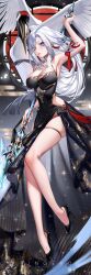 Rule 34 | 1girl, absurdres, arm up, armpits, bare arms, bare legs, bird, black dress, blue eyes, breasts, closed mouth, dress, earrings, genshin impact, high heels, highres, holding, holding polearm, holding weapon, incredibly absurdres, jewelry, large breasts, long hair, looking at viewer, patent heels, polearm, pumps, ringeko-chan, shenhe (genshin impact), shoes, sleeveless, sleeveless dress, solo, stiletto heels, very long hair, weapon, white hair