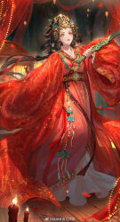 1girl beads black_hair bow candle character_request chinese_clothes chinese_commentary closed_mouth commentary_request crown curtains eyelashes falling_petals fire floating_clothes floating_hair floral_print frilled_hanfu full_body gold_crown hair_rings hanfu highres holding holding_sword holding_weapon indoors jewelry lipstick liquid_from_eyes long_hair long_sleeves looking_ahead low-tied_long_hair low_ponytail luckytea_777 makeup necklace nikki_(series) petals ponytail red_bow red_hanfu red_lips red_robe robe rose_petals shining_nikki solo stage sword very_long_hair watermark weapon weibo_watermark wide_sleeves wooden_floor yellow_eyes