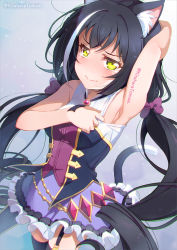 Rule 34 | 1girl, animal ear fluff, animal ears, armpits, black hair, black thighhighs, bow, breasts, cat ears, cat girl, cat tail, commentary request, commission, fang, fang out, frilled skirt, frills, garter straps, green eyes, hair bow, karyl (princess connect!), kitahara tomoe (kitahara koubou), long hair, medium breasts, multicolored hair, presenting armpit, princess connect!, purple bow, purple skirt, shirt, skeb commission, skin fang, skirt, solo, streaked hair, tail, tearing up, thighhighs, twintails, twitter username, very long hair, white hair, white shirt