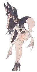 Rule 34 | 1girl, absurdres, animal ears, apron, ass, black hair, black panties, bow, breasts, dog tail, finger to mouth, frills, full body, garter straps, high heels, highres, large breasts, leaning forward, legs together, long hair, maid headdress, original, panties, puffy sleeves, shoulder blades, skindentation, smile, solo, tail, thighhighs, underwear, white background, white thighhighs, zerocat
